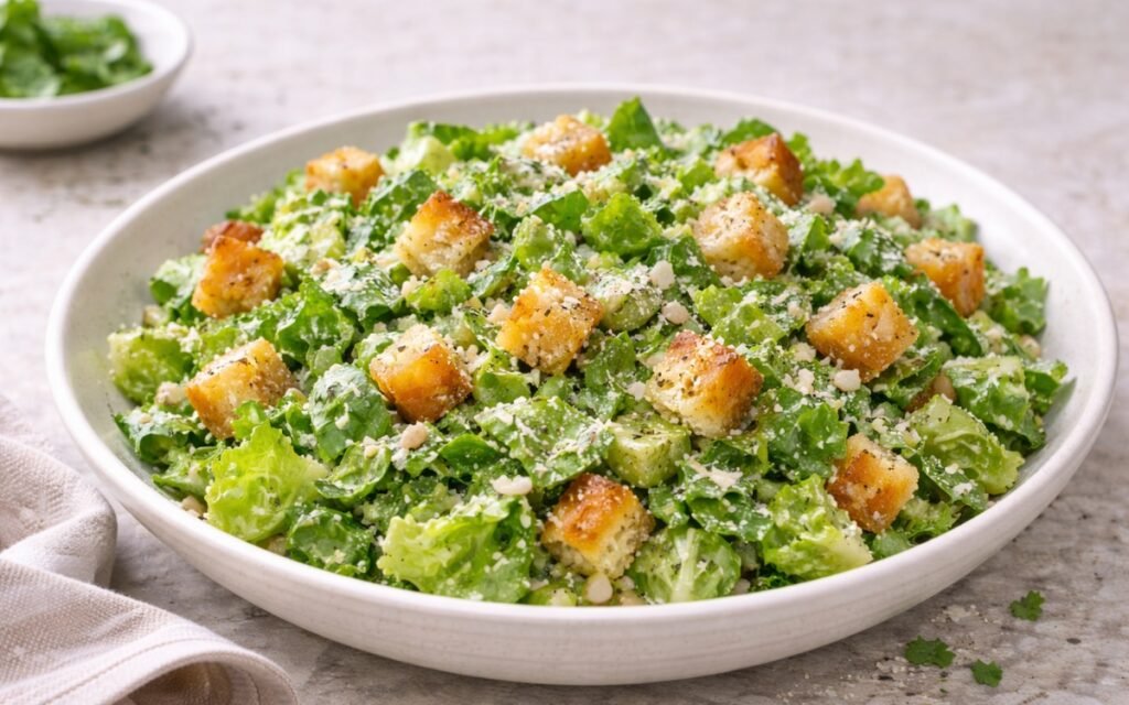 Close-up of Caesar side salad with romaine lettuce coated in creamy dressing and topped with Parmesan