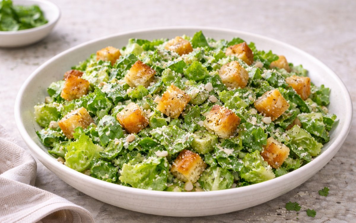 Close-up of Caesar side salad with romaine lettuce coated in creamy dressing and topped with Parmesan