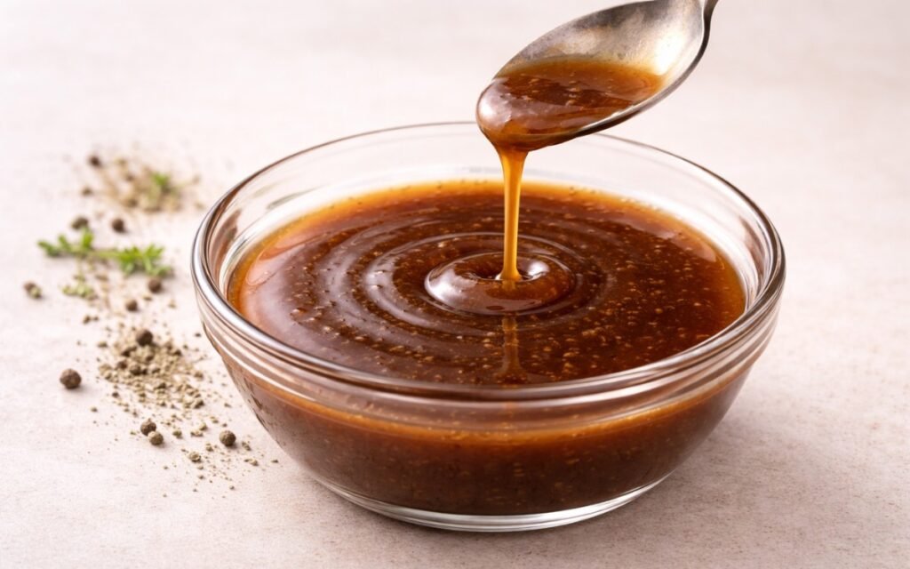 Balsamic Dijon dressing in a small glass jar showing dark, glossy dressing with visible emulsification
