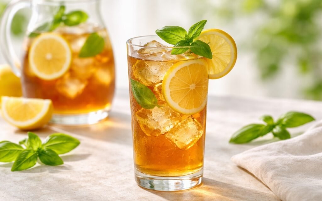 basil lemon iced tea served over ice with fresh basil leaves and lemon slices