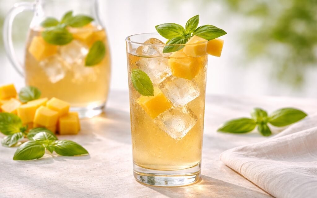 basil mango white iced tea served over ice with fresh basil and mango