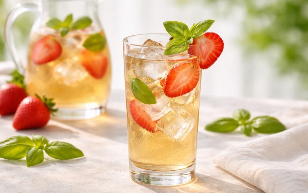 basil strawberry white iced tea served over ice with fresh strawberries and basil
