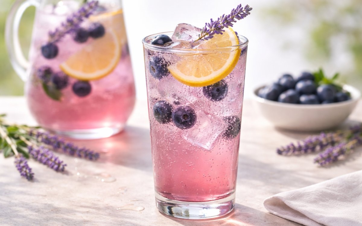 blueberry lavender lemonade with lemon slices and lavender sprigs on ice