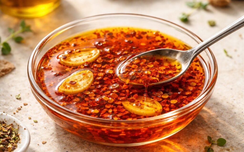 Calabrian chili oil drizzle in a small jar showing red-orange oil with visible chili pieces and garlic slices
