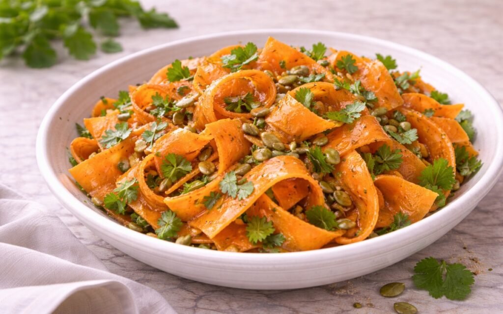 Carrot cumin salad with ribboned carrots, toasted cumin dressing, and pumpkin seeds in a white bowl