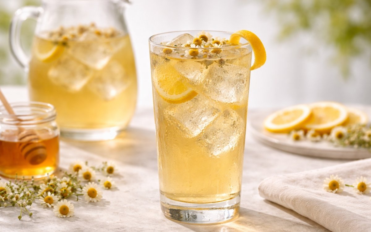 chamomile honey white iced tea served over ice with dried chamomile and lemon peel