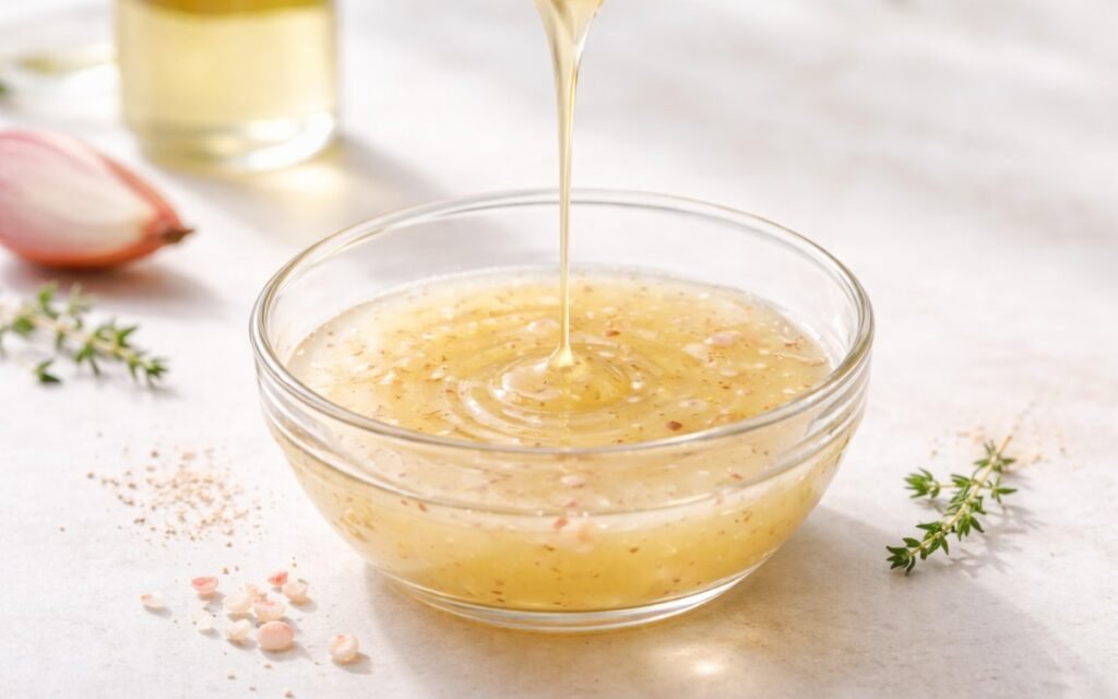 Champagne vinegar dressing in a small glass bottle showing pale golden, delicate dressing with fine texture