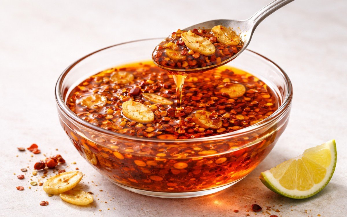 Chili garlic oil in a glass jar showing golden oil with crispy garlic pieces and red chili flakes