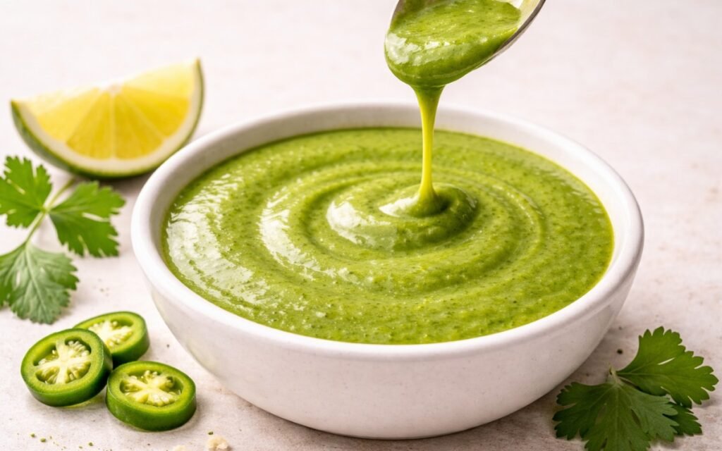 Bright green cilantro lime drizzle in a white bowl with fresh cilantro and lime wedges beside it