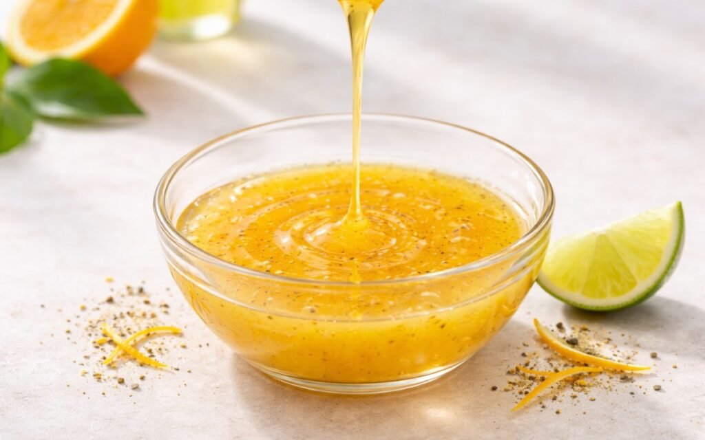 Citrus olive oil dressing in a small glass bottle showing golden dressing with visible citrus zest flecks