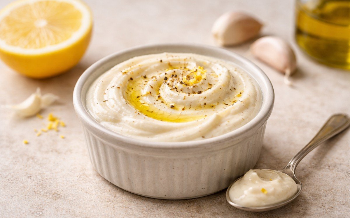 Bowl of creamy Homemade Garlic Aioli with herbs and lemon and pepper sprinkled