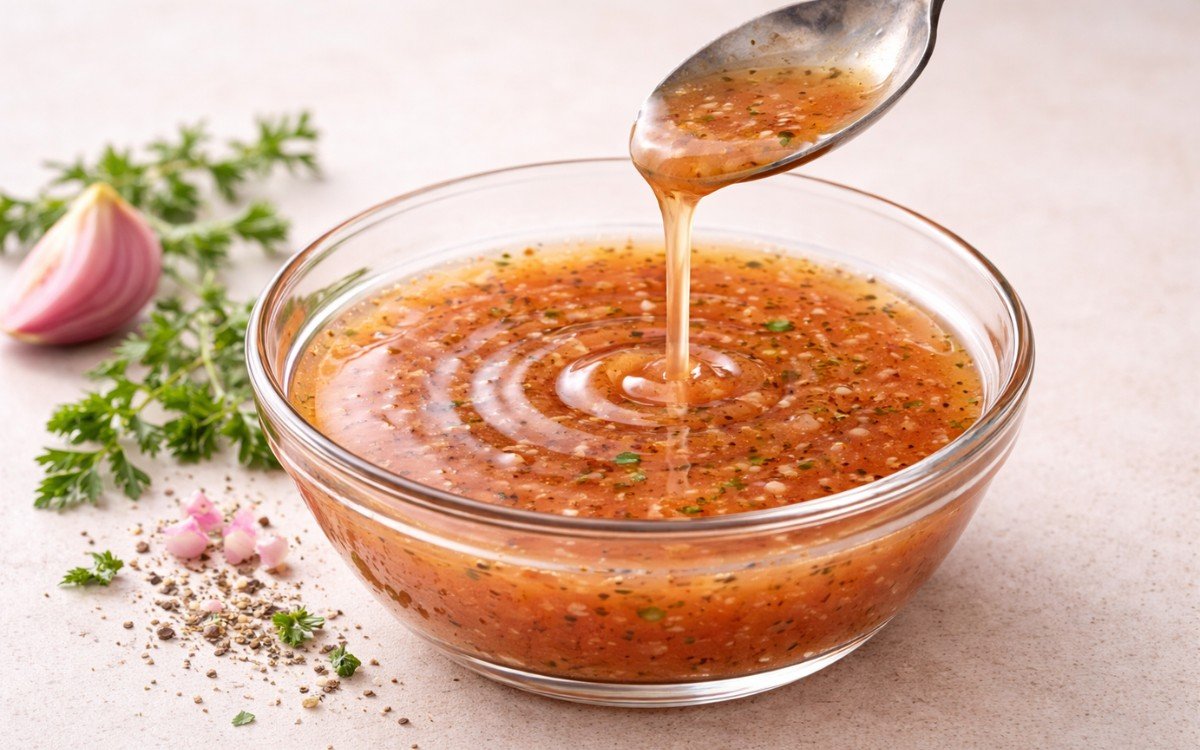 Classic red wine vinaigrette in a small glass jar showing amber-toned dressing with visible shallot flecks