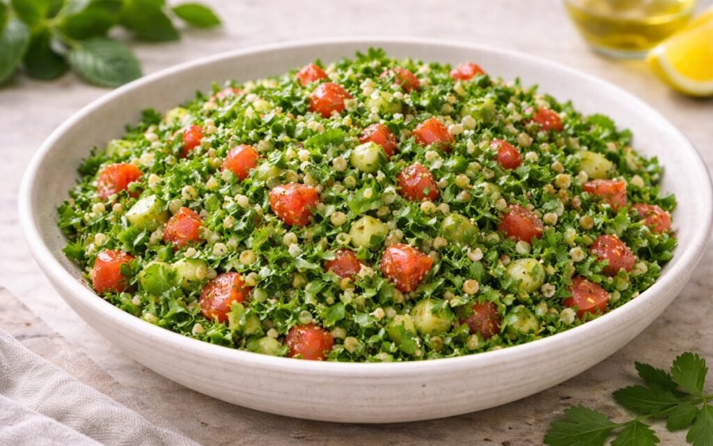 Bowl of classic tabbouleh salad with fresh parsley, tomatoes, bulgur wheat, and lemon dressing