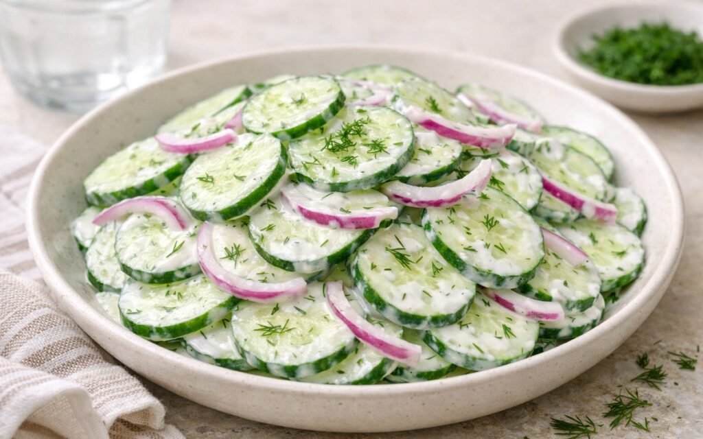 Bowl of creamy cucumber salad with fresh dill and red onions on a white plate