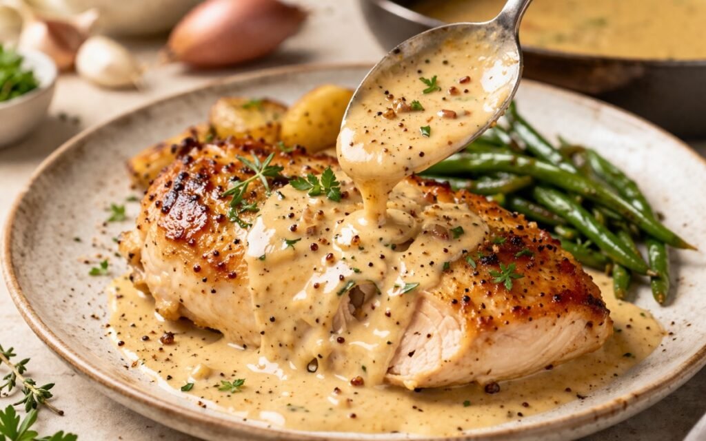 Creamy Dijon Mustard Pan Sauce coating pan-seared chicken breast,
