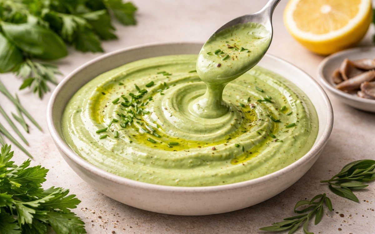 Bright Creamy Green Goddess Dressing in bowl with fresh herbs scattered around