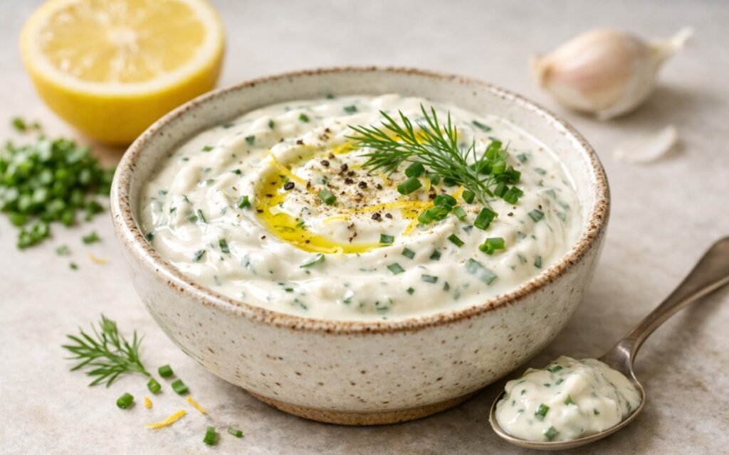 Bowl of Creamy Lemon Herb Yogurt Sauce with green herbs and lemon zest on marble surface