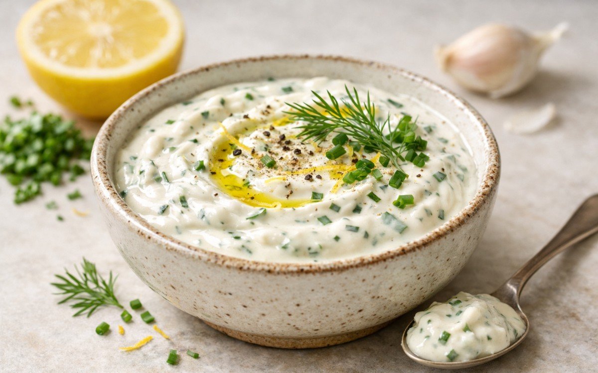 Bowl of Creamy Lemon Herb Yogurt Sauce with green herbs and lemon zest on marble surface