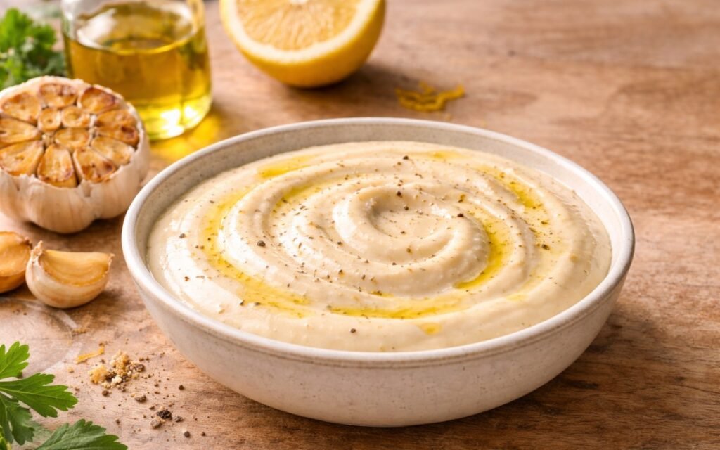 Creamy roasted garlic sauce in a white bowl with roasted garlic cloves beside it, showing smooth pale consistency