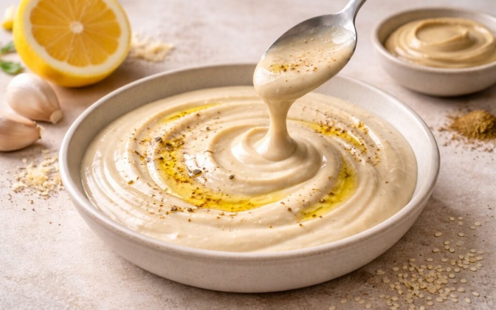 Creamy tahini lemon sauce in a white bowl with a spoon, showing smooth pourable consistency with olive oil drizzle on top