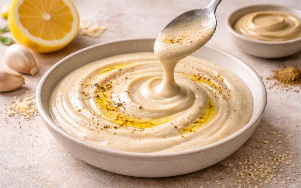 Creamy tahini lemon sauce in a white bowl with a spoon, showing smooth pourable consistency with olive oil drizzle on top