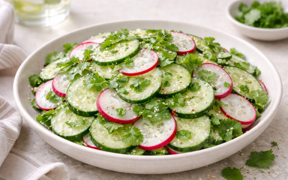 Fresh cucumber radish salad with sesame seeds and herbs in a white bowl