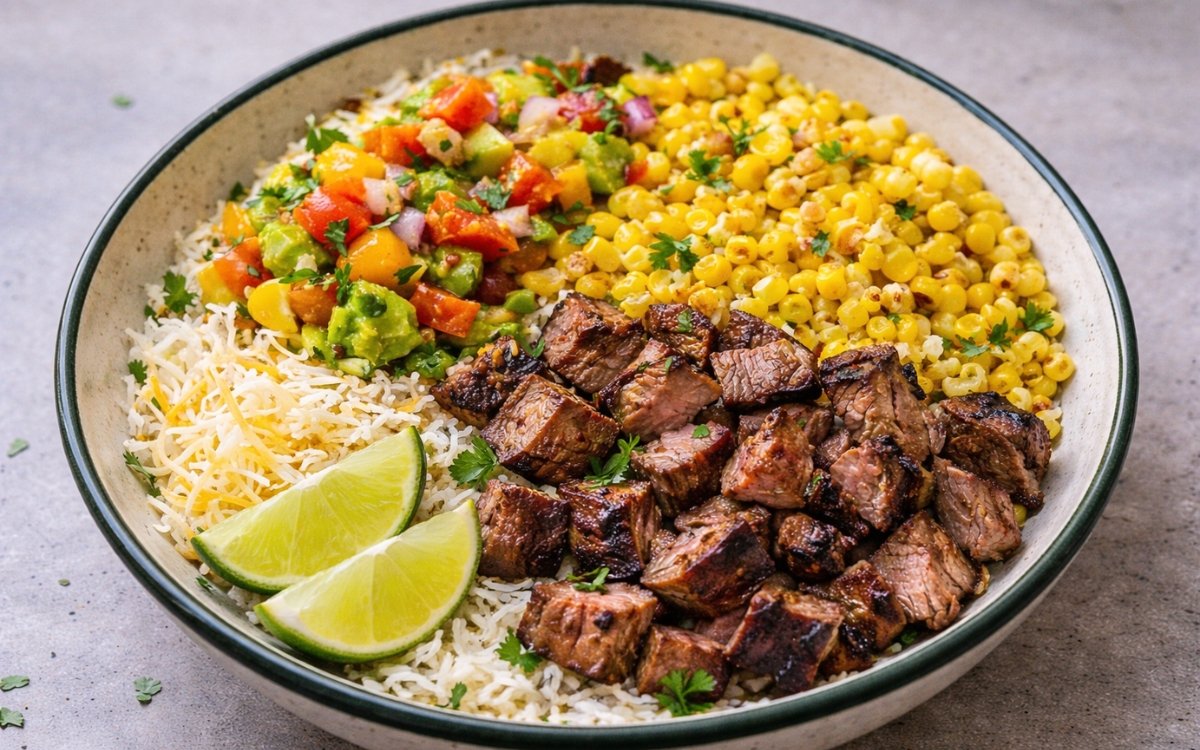 Overhead view of flank steak and mango salsa rice bowl in a ceramic bowl with charred corn, avocado mango salsa, shredded cheese, and lime wedges on a grey marble surface