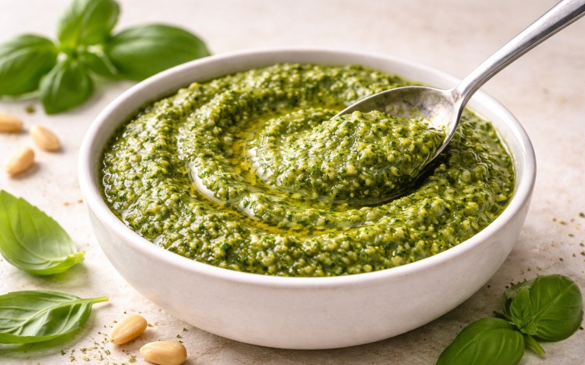 Bright green basil pesto in a white bowl with fresh basil leaves, pine nuts, and Parmesan beside it