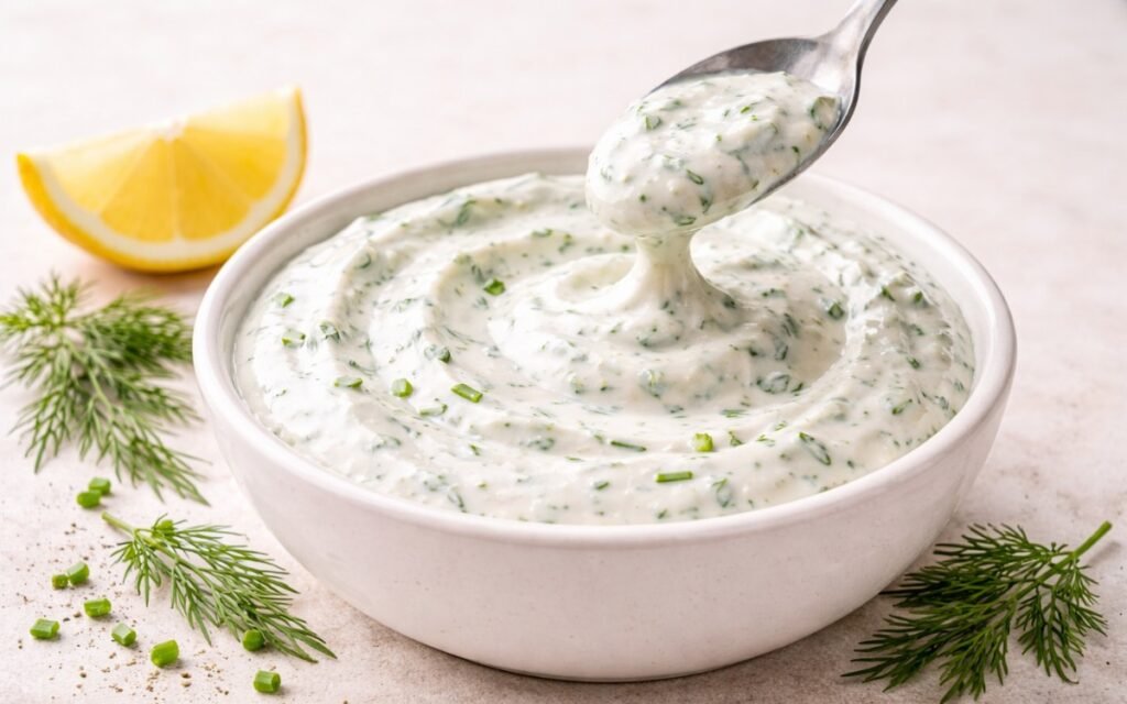 Fresh dill yogurt sauce in a white bowl with fresh dill fronds and lemon on white marble