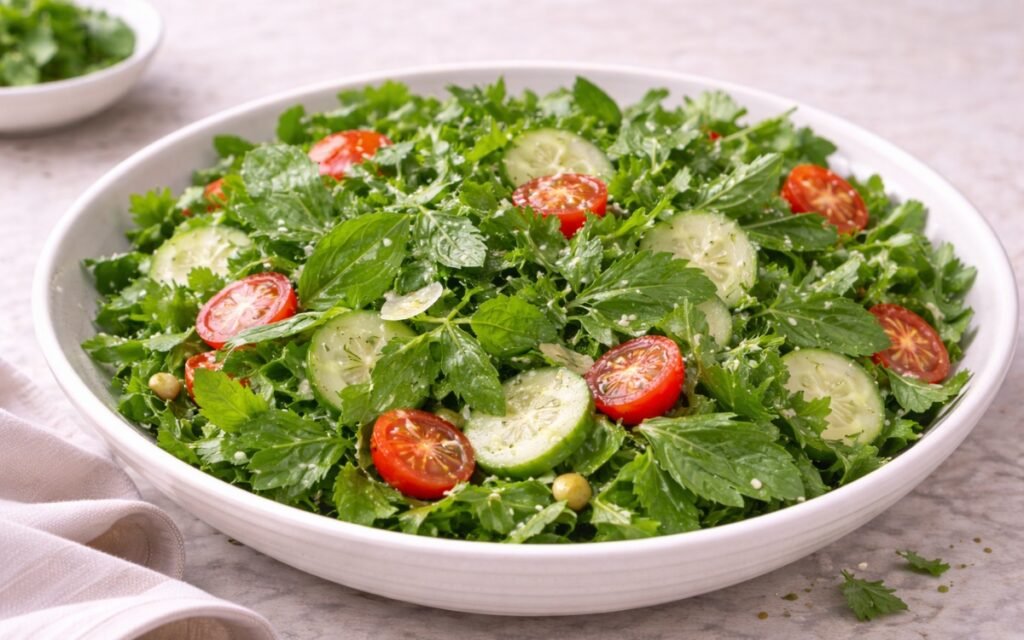 Bowl of fresh herb green salad with parsley, dill, basil, mint, cucumber, and cherry tomatoes