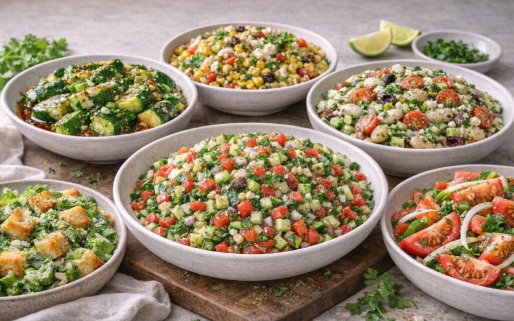 Assorted fresh salads and light sides including arugula, tabbouleh, Greek village salad, and chopped vegetable sides arranged on a marble surface with fresh herbs and lemon
