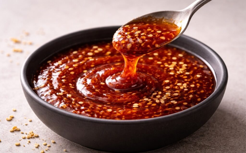 Gochujang honey sauce in a white bowl showing deep red-orange glossy sauce with sesame seeds