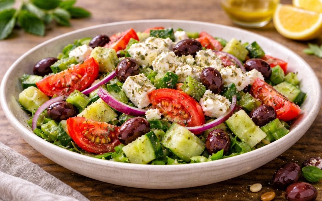 Greek village side salad in a white bowl with chunky cucumbers, tomatoes, red onions, Kalamata olives, and crumbled feta cheese