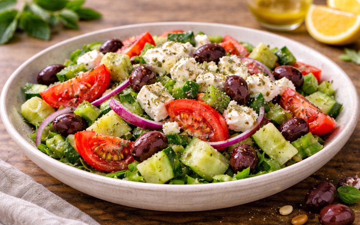 Greek village side salad in a white bowl with chunky cucumbers, tomatoes, red onions, Kalamata olives, and crumbled feta cheese