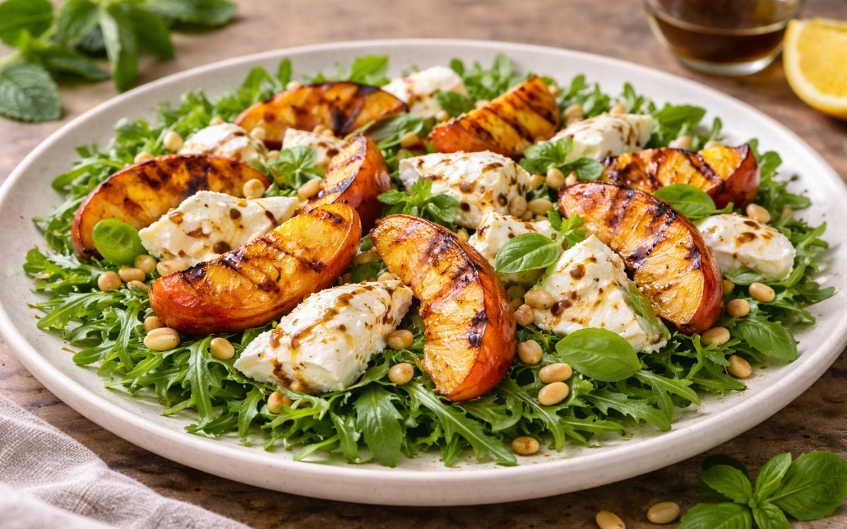 Grilled peach and burrata salad with arugula, fresh basil, and toasted pine nuts on a white platter