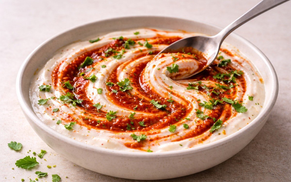 Harissa yogurt sauce in a white bowl showing pale orange-pink creamy sauce with swirl of harissa and herb garnish