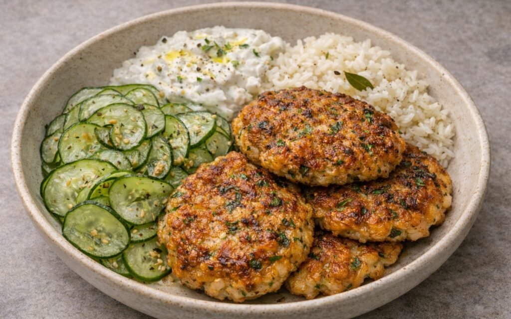 three golden herby turkey burgers in a ceramic bowl with Za'atar cucumber salad and creamy tzatziki, styled on a grey marble surface