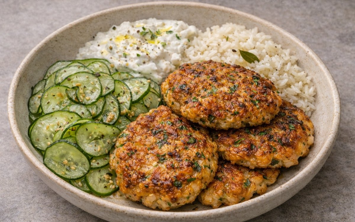 three golden herby turkey burgers in a ceramic bowl with Za'atar cucumber salad and creamy tzatziki, styled on a grey marble surface