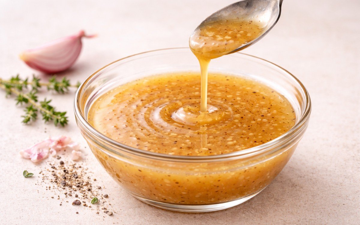 Honey shallot vinaigrette in a small glass pitcher showing golden dressing with visible shallot flecks