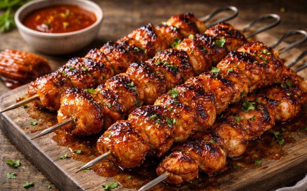 honey sriracha grilled chicken skewers brushed with glaze on outdoor grill plated on wooden board