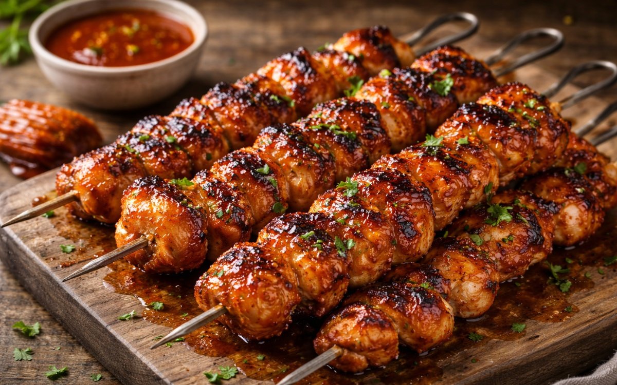 honey sriracha grilled chicken skewers brushed with glaze on outdoor grill plated on wooden board