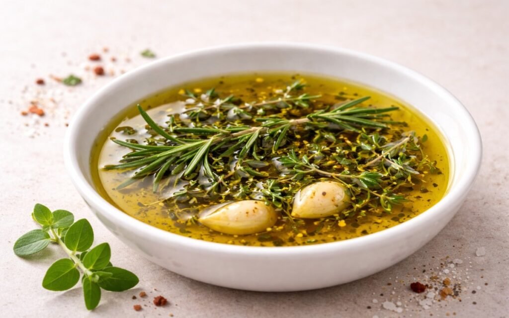Italian herb olive oil in a white bowl showing golden oil with visible herb flecks of rosemary, thyme, and oregano