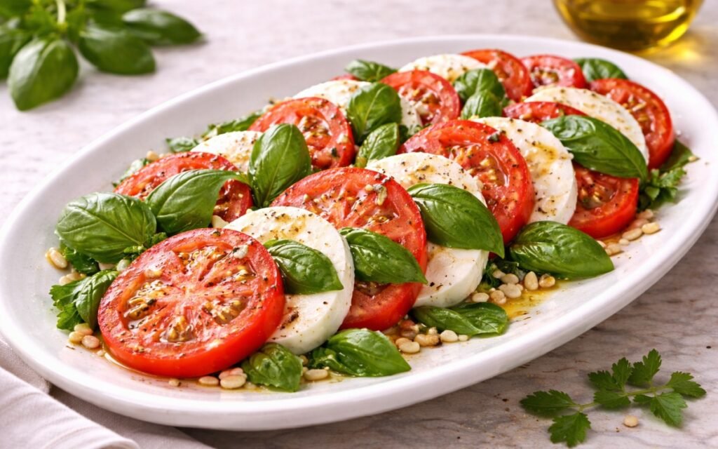 Italian tomato basil salad with sliced mozzarella and fresh basil leaves on serving platter