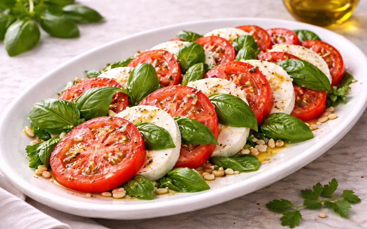 Italian tomato basil salad with sliced mozzarella and fresh basil leaves on serving platter