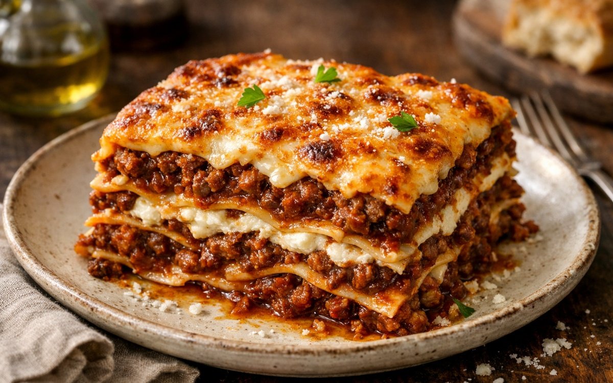 authentic lasagne alla bolognese slice with rich meat sauce and melted cheese on plate