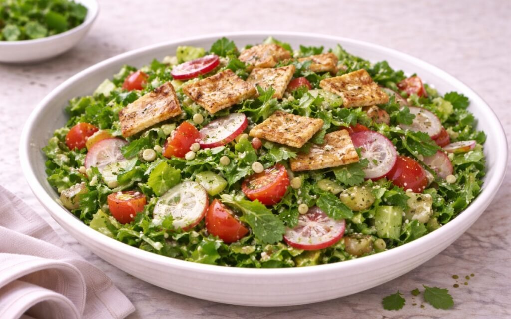Lebanese fattoush salad with crispy pita chips, chopped vegetables, and sumac dressing in white serving bowl