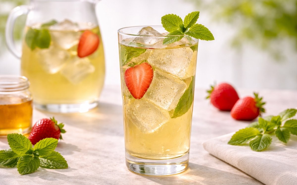 lemon balm strawberry green iced tea served over ice with fresh herbs and strawberries