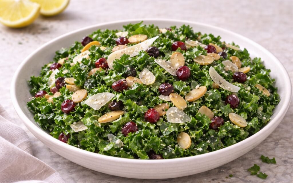 Close-up of lemon Parmesan kale salad with shaved cheese and toasted almonds in a white bowl