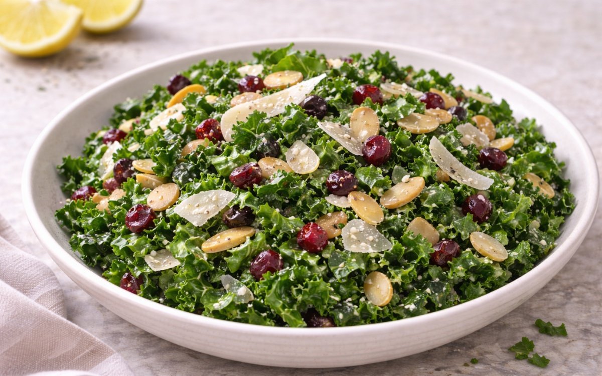 Close-up of lemon Parmesan kale salad with shaved cheese and toasted almonds in a white bowl
