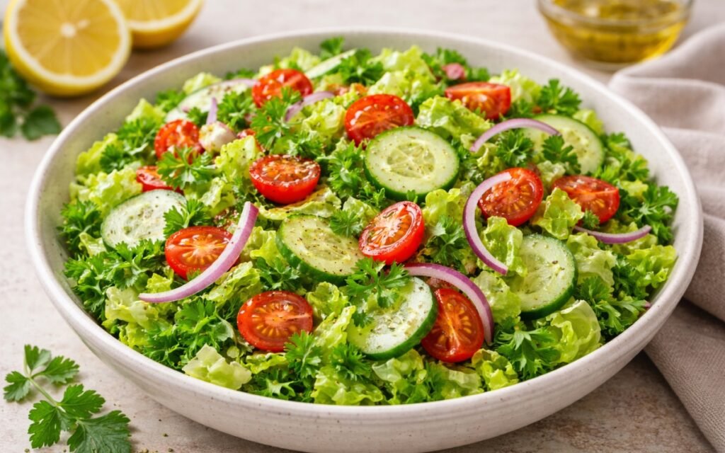 Bowl of lemon parsley side salad with romaine lettuce, cucumber, tomatoes, and red onion